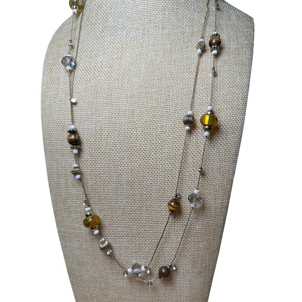 Gold Tone Tiger's Eye Glass Bead Long Necklace Boho Station